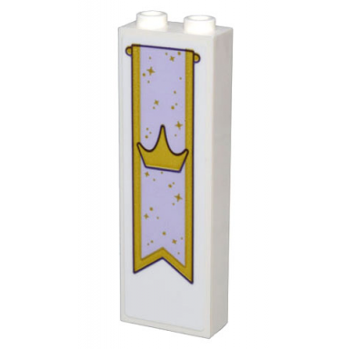 white brick 1 x 2 x 5 with gold and lavender banner crown and stars pattern sticker - set 43205