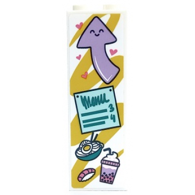 white brick 1 x 2 x 5 with lavender arrow with face dark pink hearts menu with number 3 and 4 bowl of noodles and bubble tea pattern sticker - set 41450