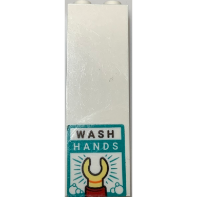 white brick 1 x 2 x 5 with sign with wash hands and minifigure hand pattern sticker - set 60330