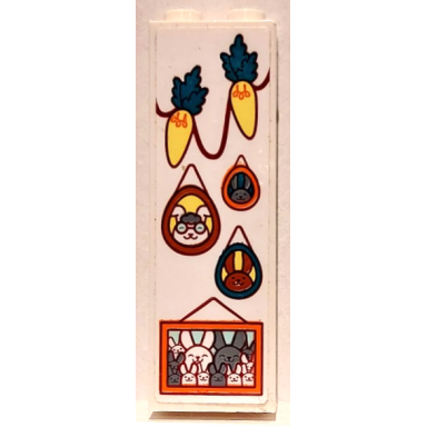 white brick 1 x 2 x 5 with portrait pictures of rabbits and hanging carrot lights pattern sticker - set 40449