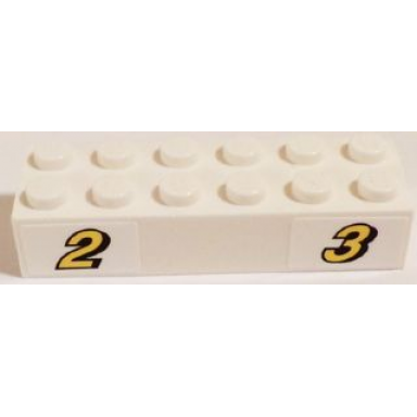 white brick 2 x 6 with yellow number 2 and 3 with black outline pattern stickers - set 60084