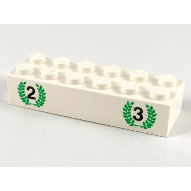 white brick 2 x 6 with black number 2 and number 3 green laurels pattern