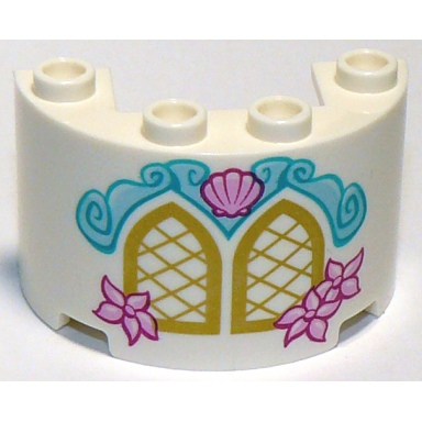 white cylinder half 2 x 4 x 2 with 1 x 2 cutout with gold windows and bright light pink shell and flowers pattern