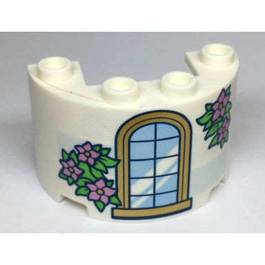 white cylinder half 2 x 4 x 2 with 1 x 2 cutout with gold trim window and green leaves with metallic pink flowers pattern
