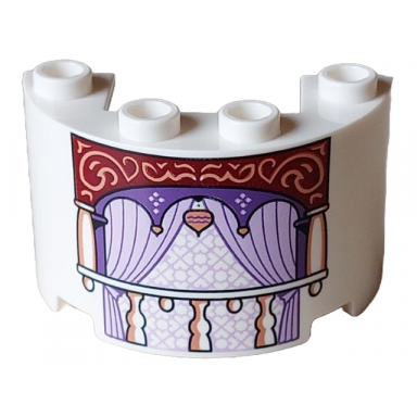 white cylinder half 2 x 4 x 2 with 1 x 2 cutout with balcony nougat ornate on dark red background dark purple panel and lavender curtains pattern