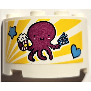 white cylinder half 2 x 4 x 2 with 1 x 2 cutout with magenta octopus with popcorn and tickets yellow stripes medium azure star and heart pattern sticker - set 41373