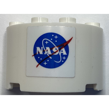 white cylinder half 2 x 4 x 2 with 1 x 2 cutout with blue and red nasa logo pattern sticker - 60351