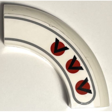 brick round corner 5 x 5 x 1 without studs with 3 black chevrons v-shapes on red circles and dark bluish gray border pattern model left side sticker - set 75327