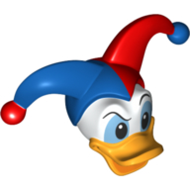 white minifigure head modified duck with bright light orange bill and black and medium blue eyes and blue and red jesters cap pattern donald