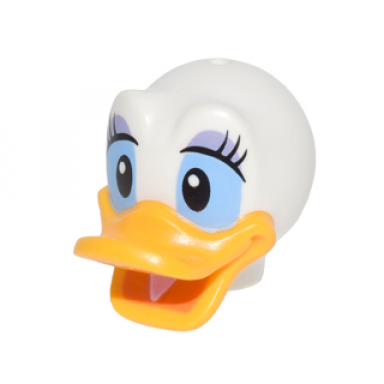 white minifigure head modified duck with bright light orange bill eyelashes and lavender eye shadow pattern daisy