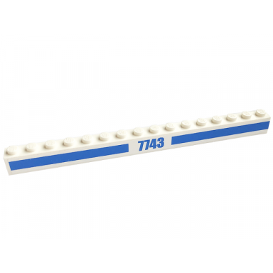white brick 1 x 16 with blue 7743 and stripes pattern sticker - set 7743