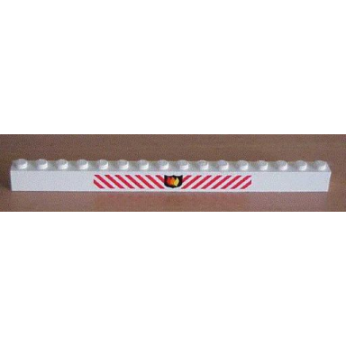 white brick 1 x 16 with fire logo badge and red danger stripes pattern