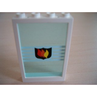 white window 1 x 4 x 5 with trans-light blue glass with white stripes and fire logo badge pattern