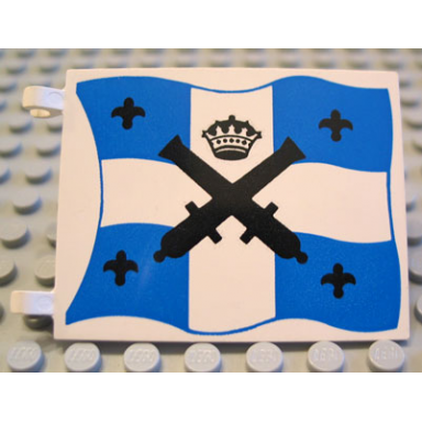 white flag 6 x 5 with black crossed cannons and crown with black dots over blue and white cross pattern on both sides