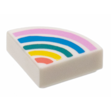 white tile round 1 x 1 quarter with bright pink dark azure dark turquoise yellow and coral rainbow stripes pattern