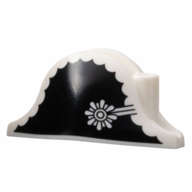 white minifigure headgear hat pirate bicorne with cockade and ribbon on black scalloped background pattern