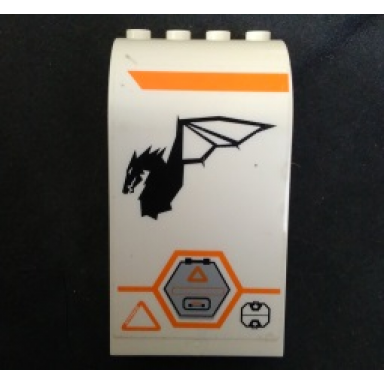 white panel 3 x 4 x 6 curved top with orange stripe gray hexagonal hatch and dragon logo facing left pattern sticker - set 7644