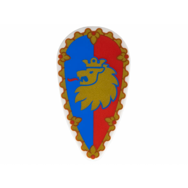 minifigure shield oval with gold border and lion head on blue and red background pattern
