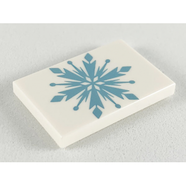 white tile 2 x 3 with metallic light blue snowflake pattern