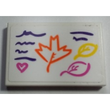 white tile 2 x 3 with orange leaf yellow leaf dark pink leaf and heart dark purple lines pattern sticker - set 41169