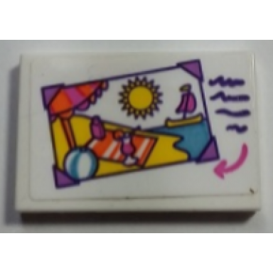 white tile 2 x 3 with picture of beach scene and dark purple lines pattern sticker - set 41169