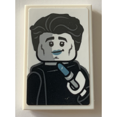 white tile 2 x 3 with black and white minifigure metallic light blue lipstick pattern sticker - set 21319