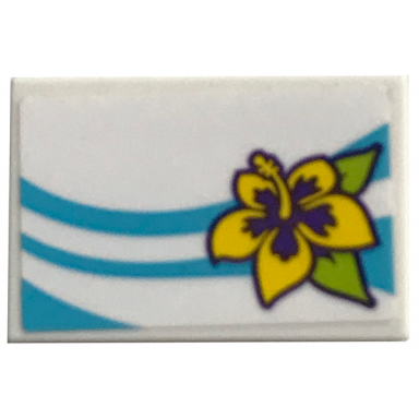 white tile 2 x 3 with medium azure curved lines yellow flower with lime leaves pattern model left side sticker - set 41317