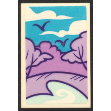 white tile 2 x 3 with landscape with trees white clouds and 2 birds painting pattern sticker - set 41336
