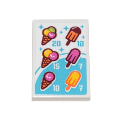 white tile 2 x 3 with menu price list of ice cream cones and popsicles pattern sticker - set 71741