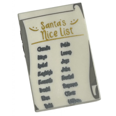 white tile 2 x 3 with gold santas nice list and black names pattern