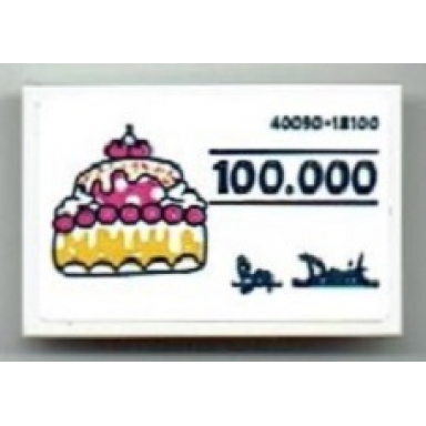 white tile 2 x 3 with cake 100.000 40090-18100 and signature pattern sticker - set 41393