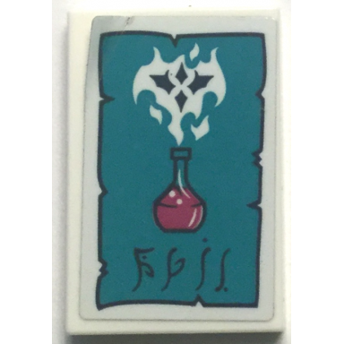 white tile 2 x 3 with dark turquoise paper dark blue and magenta elves potion flask and writing pattern sticker - set 41194