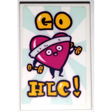 white tile 2 x 3 with yellow go hlc! and magenta heart lifting weights pattern sticker - set 41338