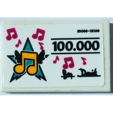 white tile 2 x 3 with magenta and bright light orange music notes with black wings black 100.000 and signature pattern sticker - set 41368
