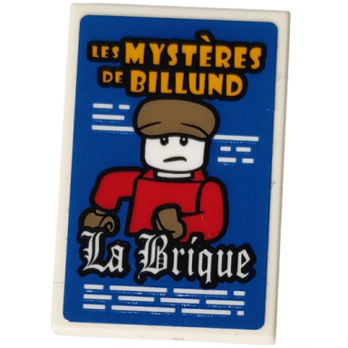white tile 2 x 3 with poster of movie les mystãres de billund minifigure and la brique pattern sticker - set 10292