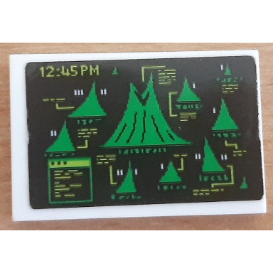 white tile 2 x 3 with black screen with bright green volcanoes lime 12:45pm and lines pattern sticker - set 70631