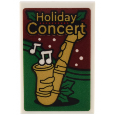 white tile 2 x 3 with gold saxophone and holiday concert and white music notes on dark red and green background pattern sticker - set 10308