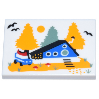 white tile 2 x 3 with blue cabin with round door and windows bright light orange and sand green trees pattern