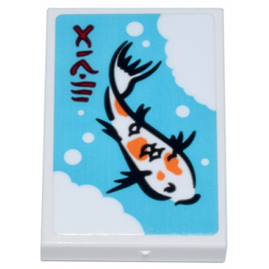 white tile 2 x 3 with black and orange koi fish white bubbles and dark red ninjago logogram art on medium azure background pattern sticker - set 71799