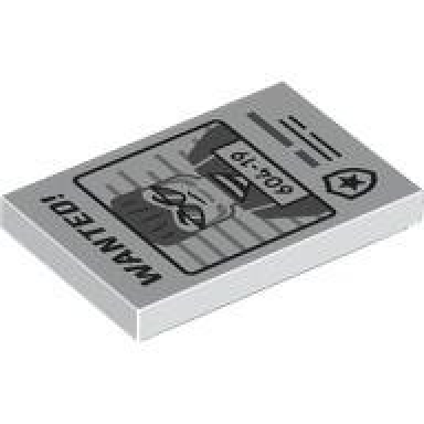 white tile 2 x 3 with black wanted! and dark bluish gray minifigure with 604-19 pattern