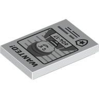 white tile 2 x 3 with black wanted! and dark bluish gray minifigure with 604-17 pattern