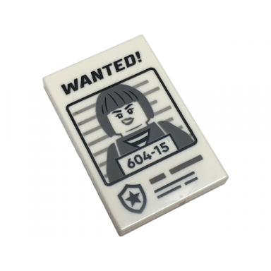 white tile 2 x 3 with black wanted! and dark bluish gray minifigure with 604-15 pattern