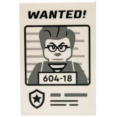 white tile 2 x 3 with black wanted! and dark bluish gray minifigure with 604-18 pattern