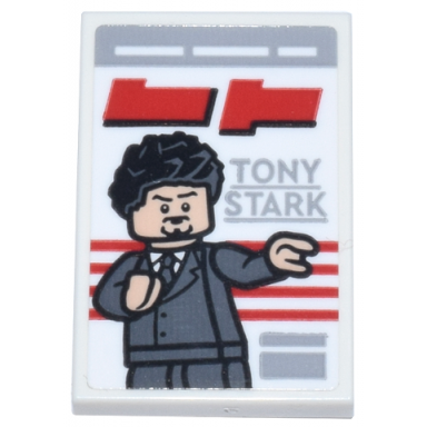 white tile 2 x 3 with magazine red title and stripes minifigure and light bluish gray tony stark pattern sticker - set 76269