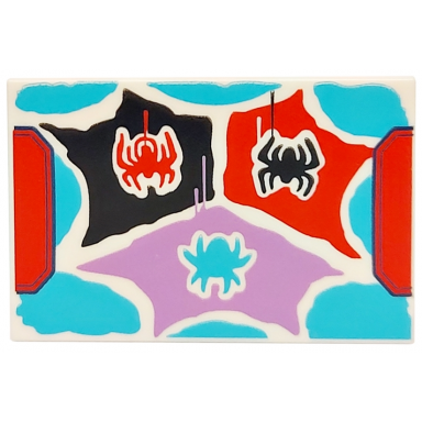 white tile 2 x 3 with spiders on black medium azure medium lavender and red spider web pattern