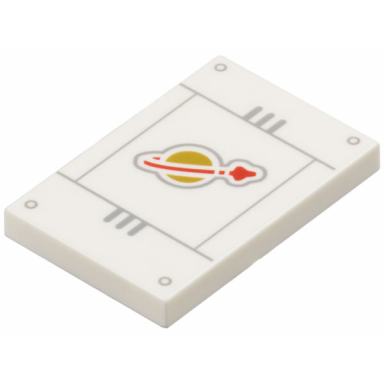 white tile 2 x 3 with gold and red classic space logo on panel with light bluish gray lines and rivets pattern