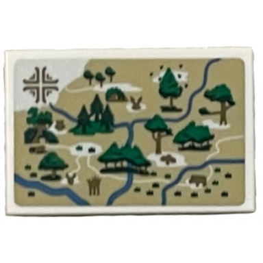 white tile 2 x 3 with tan map of the hundred acre wood with river and green trees pattern sticker - set 21326