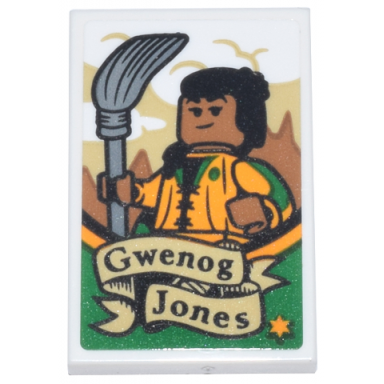 white tile 2 x 3 with poster with quidditch player silver broomstick and black gwenog jones pattern sticker - set 76437