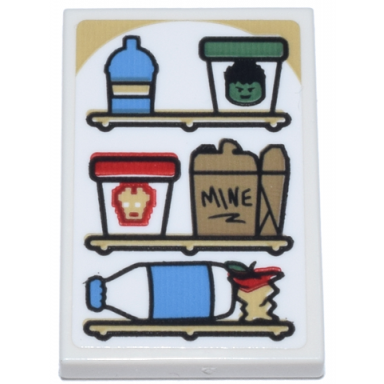 white tile 2 x 3 with refrigerator shelves bottles dark tan carton mine and red and sand green ice cream with iron man and hulk pattern sticker - set 76218