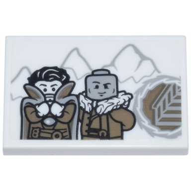 white tile 2 x 3 with doctor strange with cape and wong with fur collar light bluish gray mountains and portal to dark tan staircase pattern sticker - set 76218
